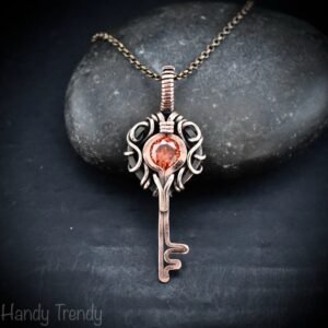 Orange cubic zirconia key pendant, Free flow copper wire wrapped necklace, Unique handmade gift, One of a kind jewelry
