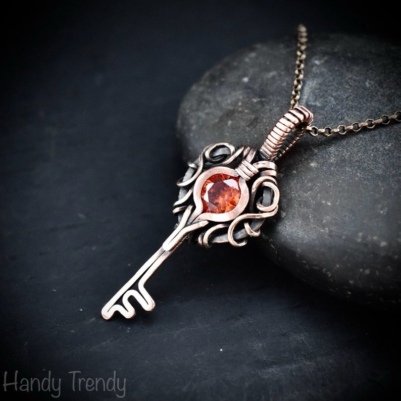 Orange cubic zirconia key pendant, Free flow copper wire wrapped necklace, Unique handmade gift, One of a kind jewelry