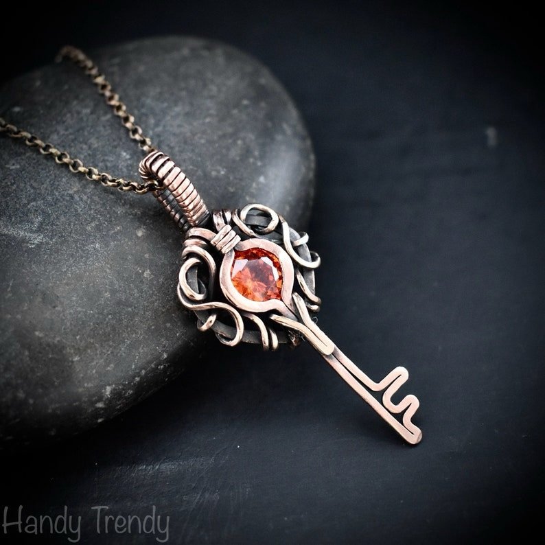 Orange cubic zirconia key pendant, Free flow copper wire wrapped necklace, Unique handmade gift, One of a kind jewelry