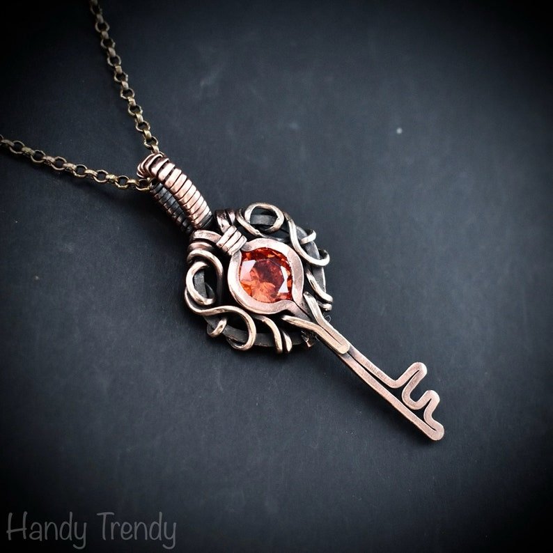 Orange cubic zirconia key pendant, Free flow copper wire wrapped necklace, Unique handmade gift, One of a kind jewelry
