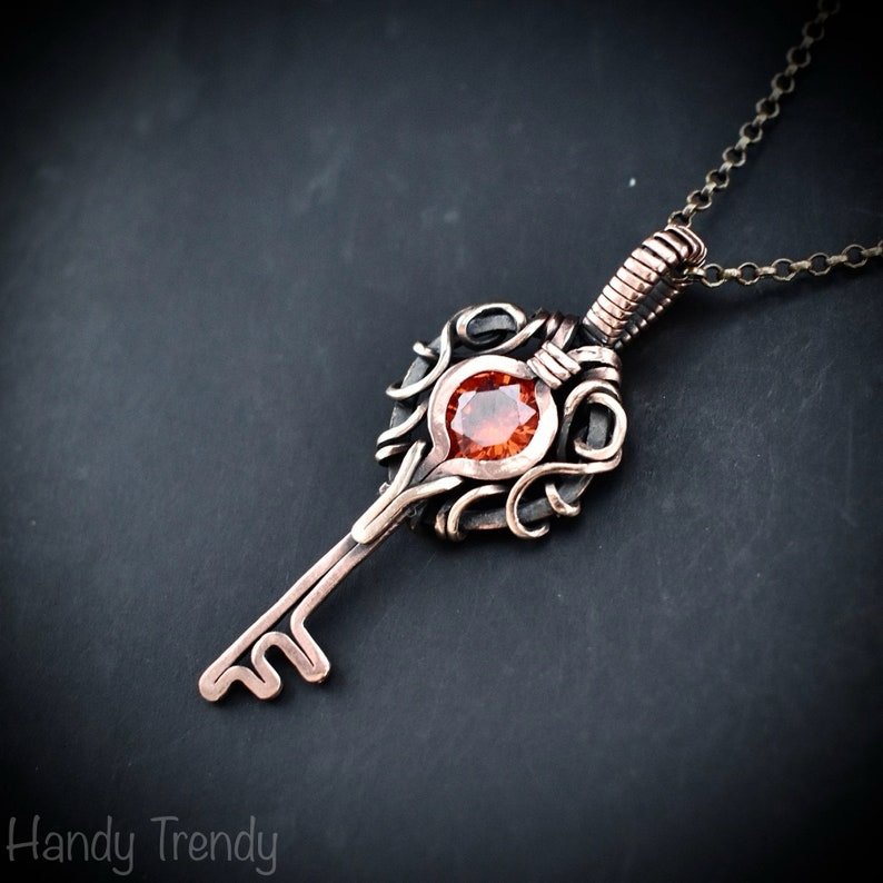 Orange cubic zirconia key pendant, Free flow copper wire wrapped necklace, Unique handmade gift, One of a kind jewelry