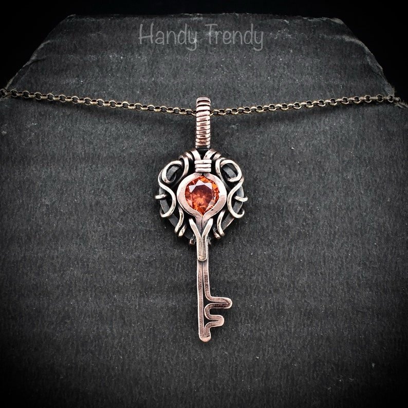 Orange cubic zirconia key pendant, Free flow copper wire wrapped necklace, Unique handmade gift, One of a kind jewelry