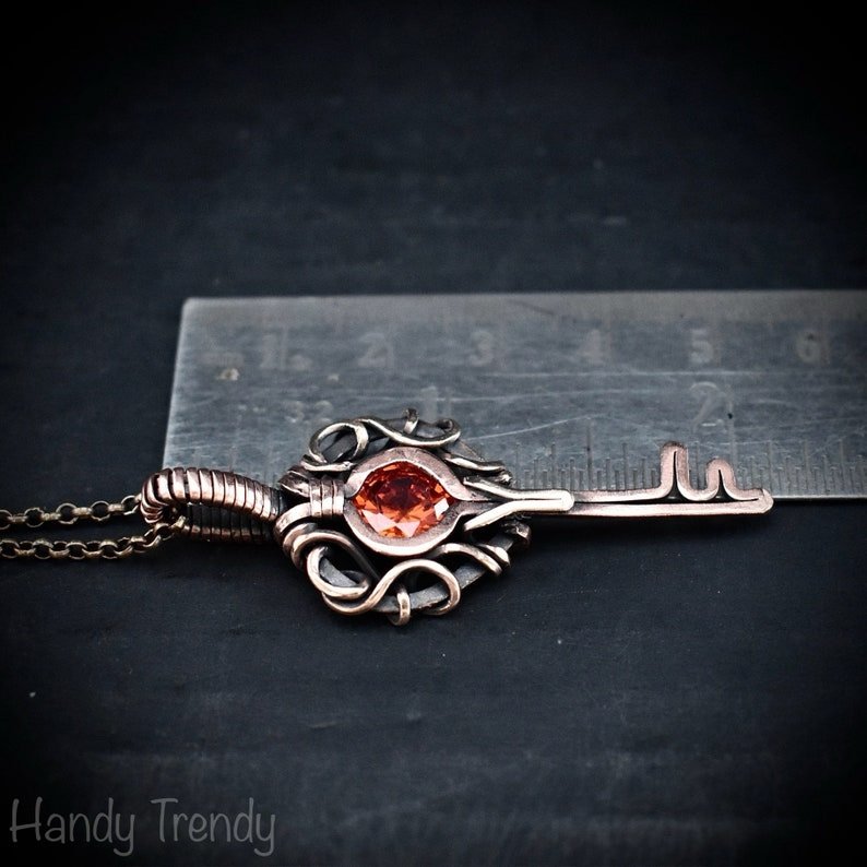 Orange cubic zirconia key pendant, Free flow copper wire wrapped necklace, Unique handmade gift, One of a kind jewelry