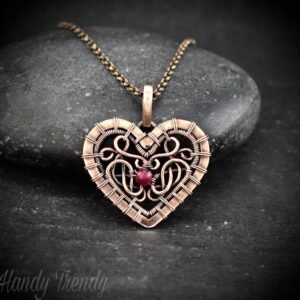 Heart pendant, Pink dyed jade bead and copper wire wrapped necklace, Unique handmade one of a kind artisan jewelry, Celtic style