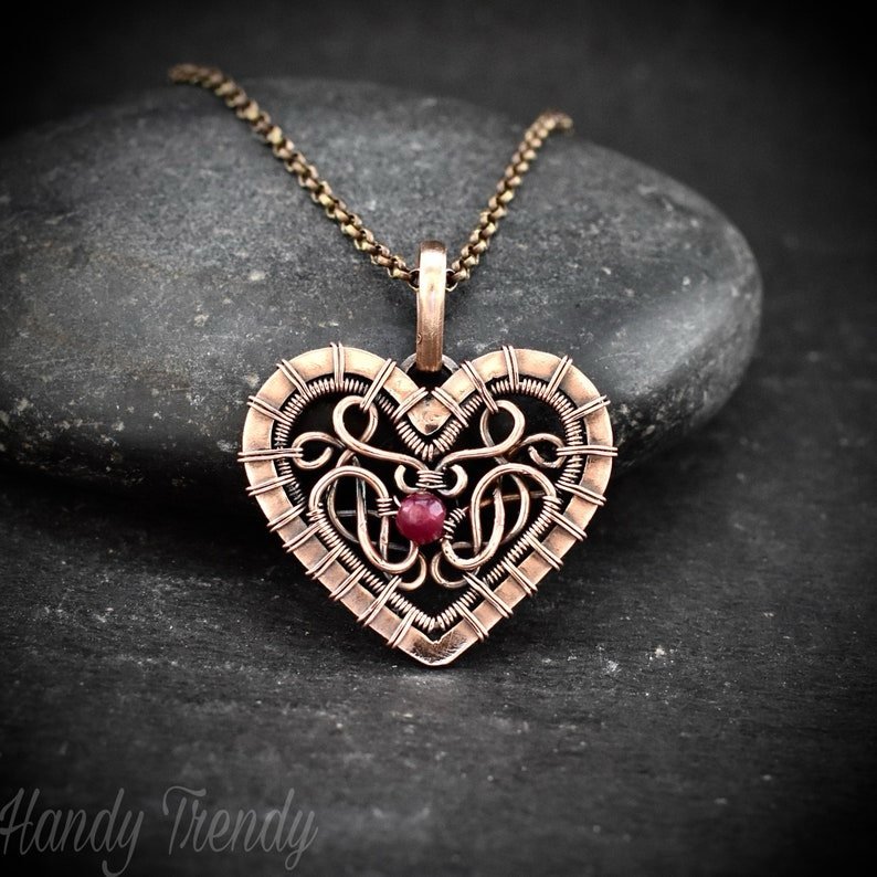 Heart pendant, Pink dyed jade bead and copper wire wrapped necklace, Unique handmade one of a kind artisan jewelry, Celtic style