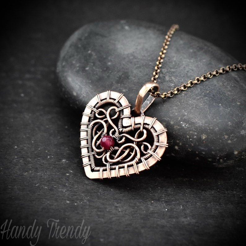 Heart pendant, Pink dyed jade bead and copper wire wrapped necklace, Unique handmade one of a kind artisan jewelry, Celtic style