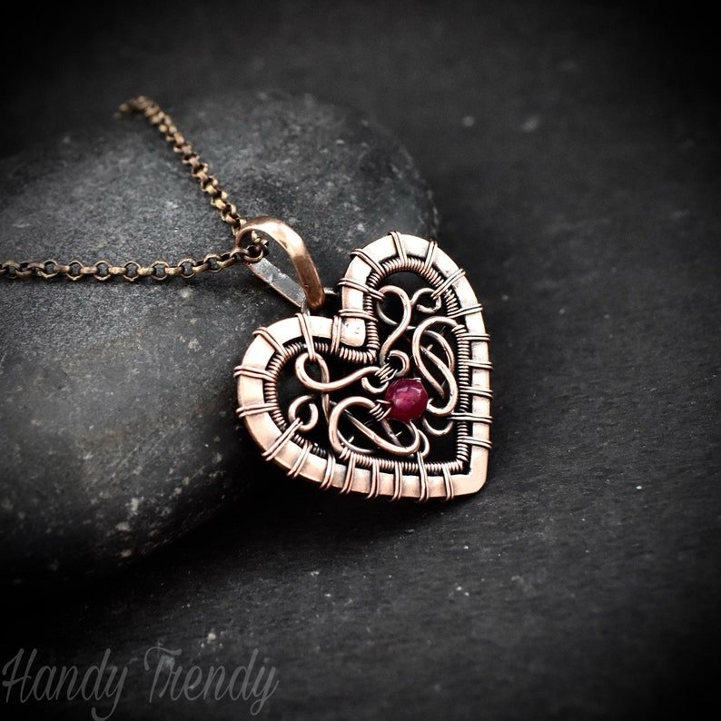 Heart pendant, Pink dyed jade bead and copper wire wrapped necklace, Unique handmade one of a kind artisan jewelry, Celtic style