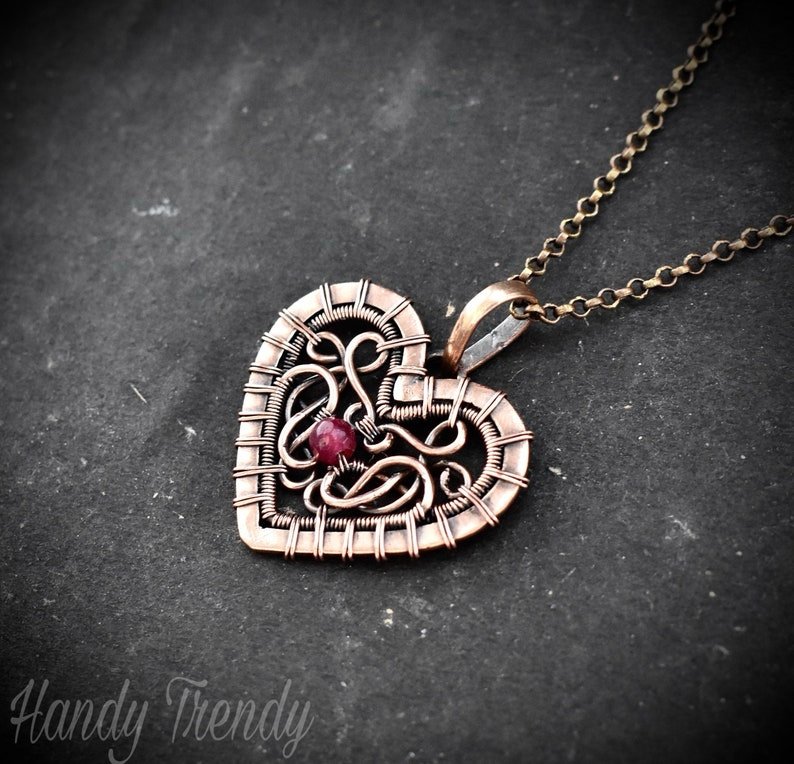 Heart pendant, Pink dyed jade bead and copper wire wrapped necklace, Unique handmade one of a kind artisan jewelry, Celtic style