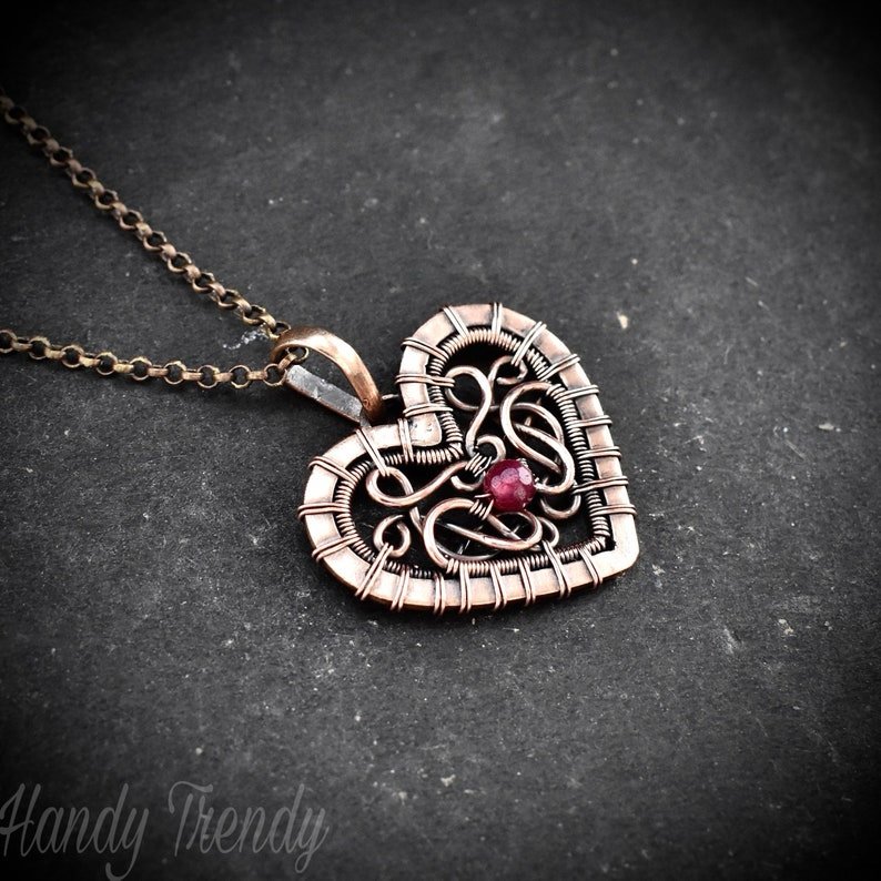 Heart pendant, Pink dyed jade bead and copper wire wrapped necklace, Unique handmade one of a kind artisan jewelry, Celtic style