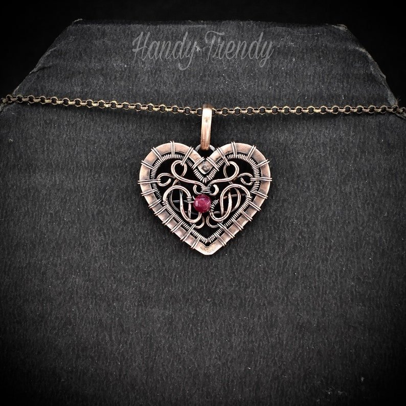 Heart pendant, Pink dyed jade bead and copper wire wrapped necklace, Unique handmade one of a kind artisan jewelry, Celtic style