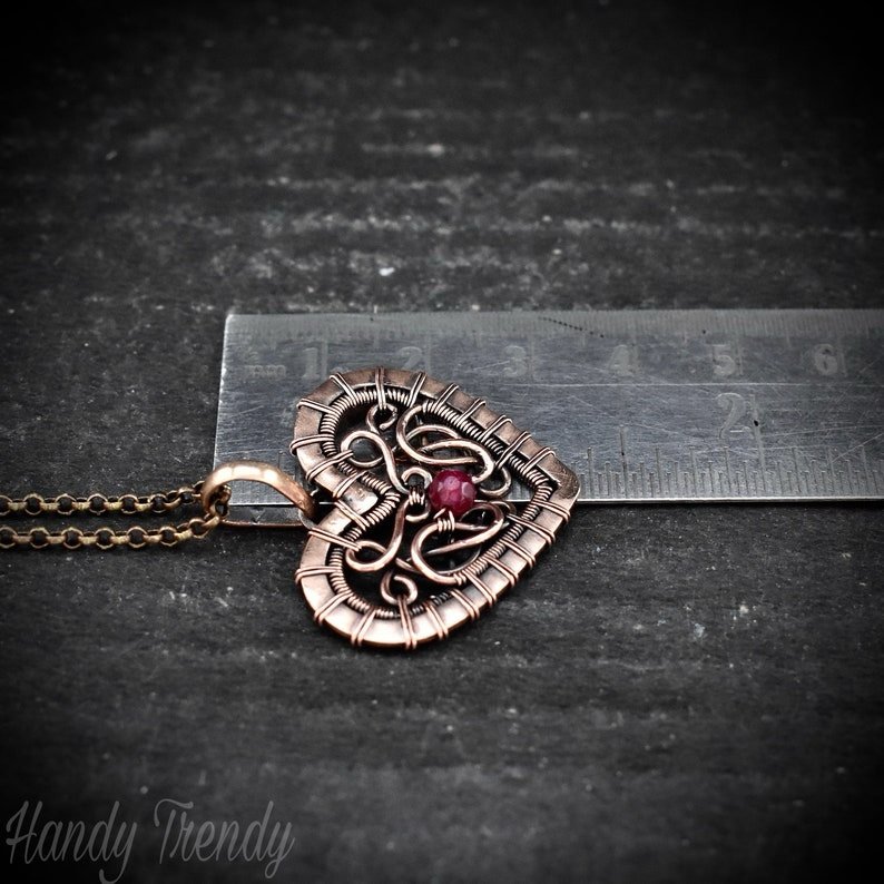 Heart pendant, Pink dyed jade bead and copper wire wrapped necklace, Unique handmade one of a kind artisan jewelry, Celtic style