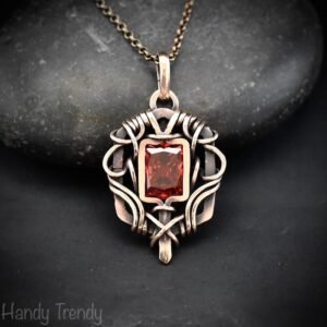 Red cubic zirconia pendant, Free-flow Copper Wire wrapped necklace, Unique handmade gift, One of a kind jewelry