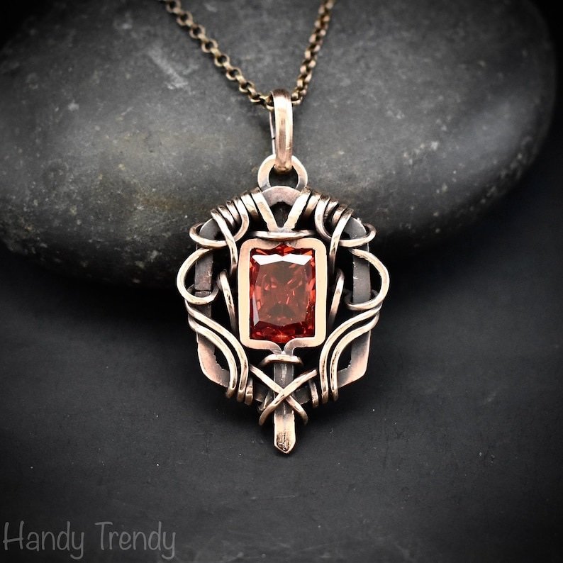 Red cubic zirconia pendant, Free-flow Copper Wire wrapped necklace, Unique handmade gift, One of a kind jewelry