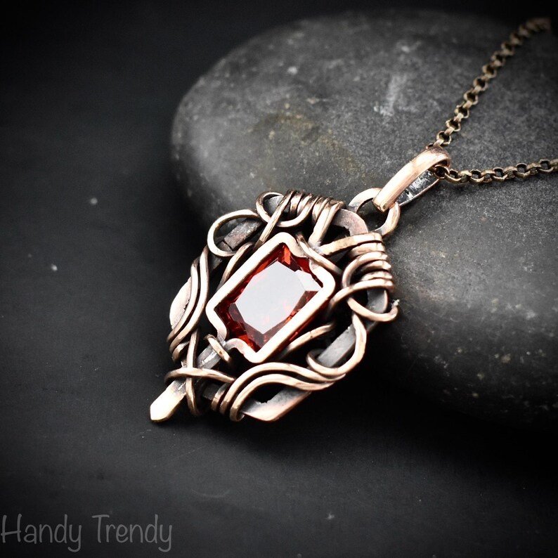 Red cubic zirconia pendant, Free-flow Copper Wire wrapped necklace, Unique handmade gift, One of a kind jewelry