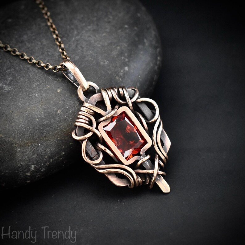 Red cubic zirconia pendant, Free-flow Copper Wire wrapped necklace, Unique handmade gift, One of a kind jewelry