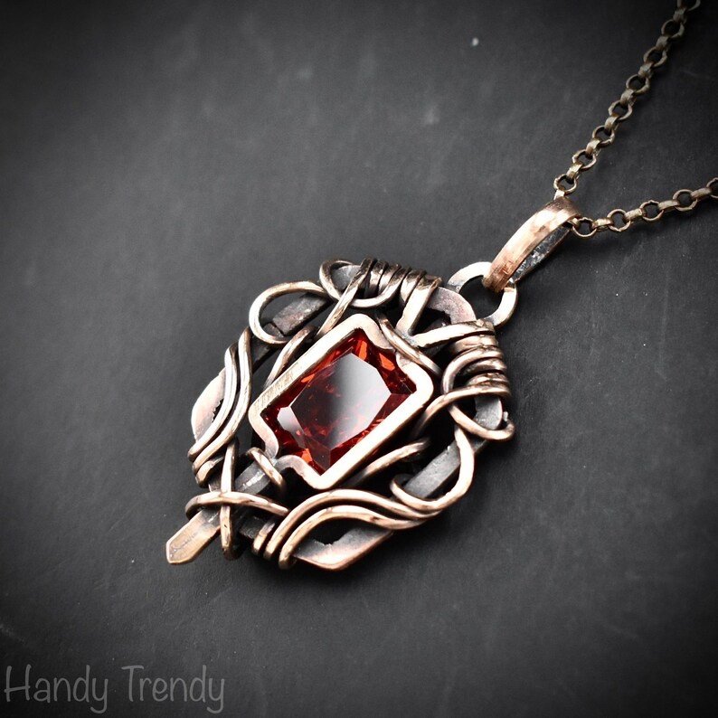 Red cubic zirconia pendant, Free-flow Copper Wire wrapped necklace, Unique handmade gift, One of a kind jewelry