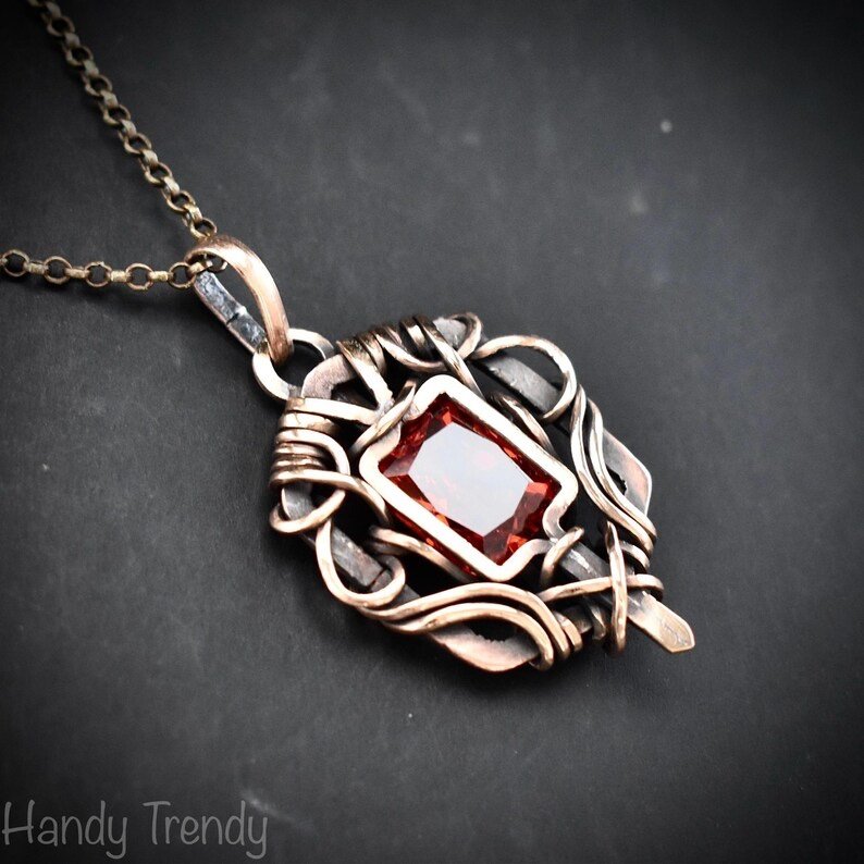 Red cubic zirconia pendant, Free-flow Copper Wire wrapped necklace, Unique handmade gift, One of a kind jewelry