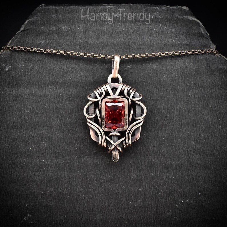 Red cubic zirconia pendant, Free-flow Copper Wire wrapped necklace, Unique handmade gift, One of a kind jewelry