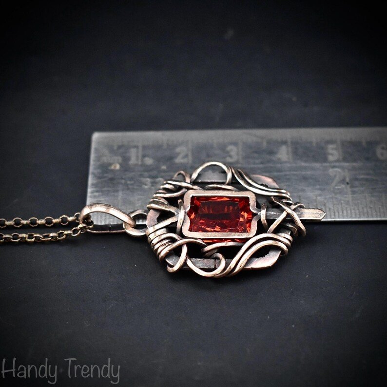 Red cubic zirconia pendant, Free-flow Copper Wire wrapped necklace, Unique handmade gift, One of a kind jewelry