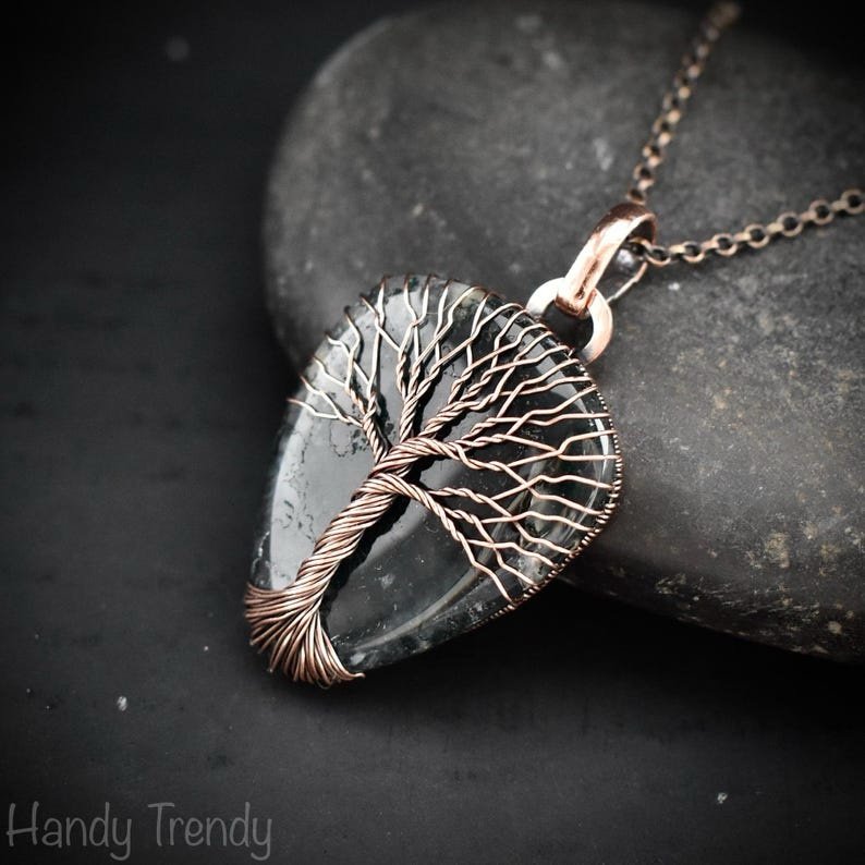 Moss agate tree of life pendant, Copper wire wrapped jewelry, Unique handmade gift, Artisan jewellery, One of a kind necklace