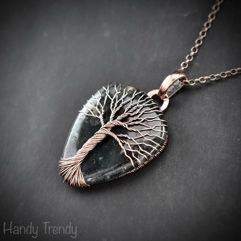 Moss agate tree of life pendant, Copper wire wrapped jewelry, Unique handmade gift, Artisan jewellery, One of a kind necklace