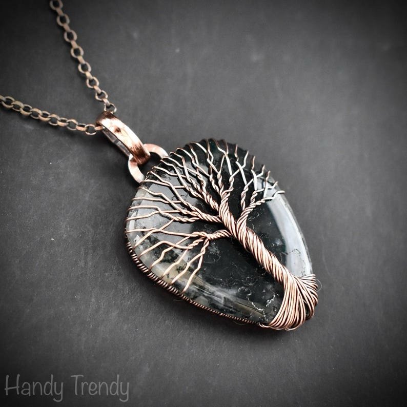 Moss agate tree of life pendant, Copper wire wrapped jewelry, Unique handmade gift, Artisan jewellery, One of a kind necklace