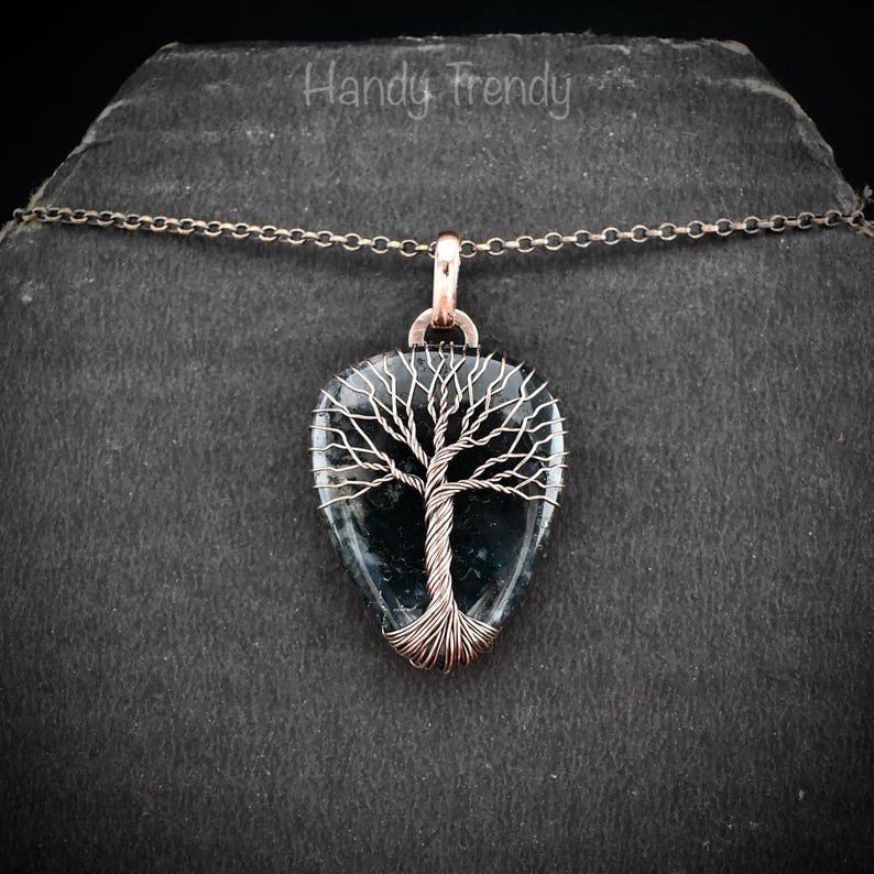 Moss agate tree of life pendant, Copper wire wrapped jewelry, Unique handmade gift, Artisan jewellery, One of a kind necklace
