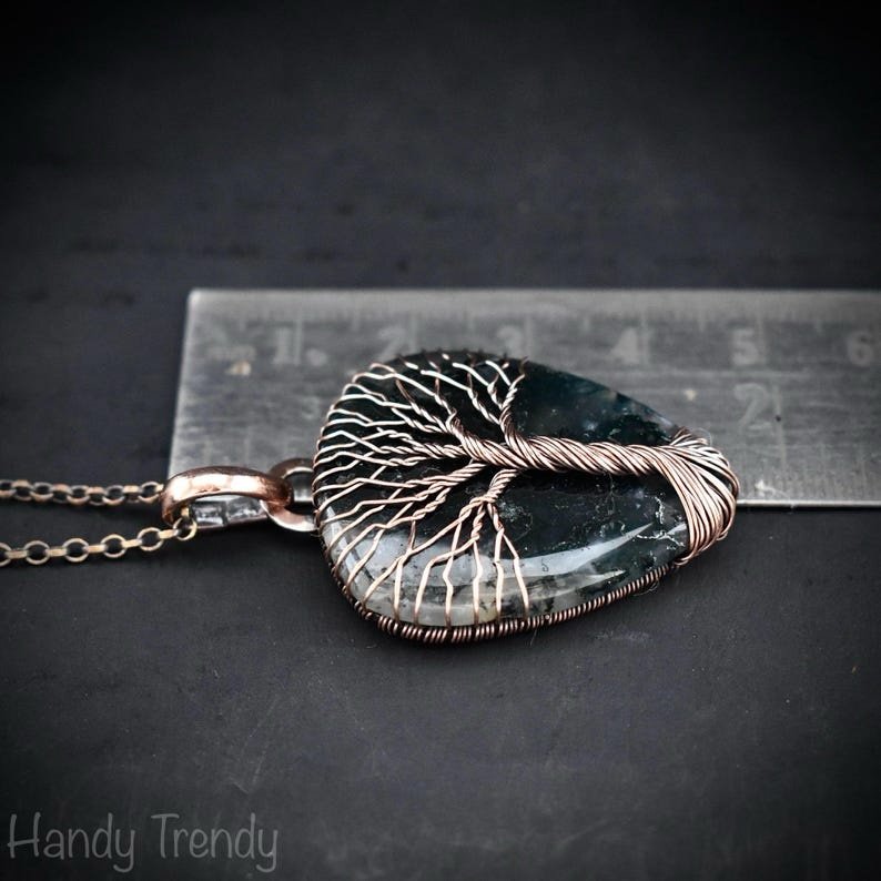 Moss agate tree of life pendant, Copper wire wrapped jewelry, Unique handmade gift, Artisan jewellery, One of a kind necklace