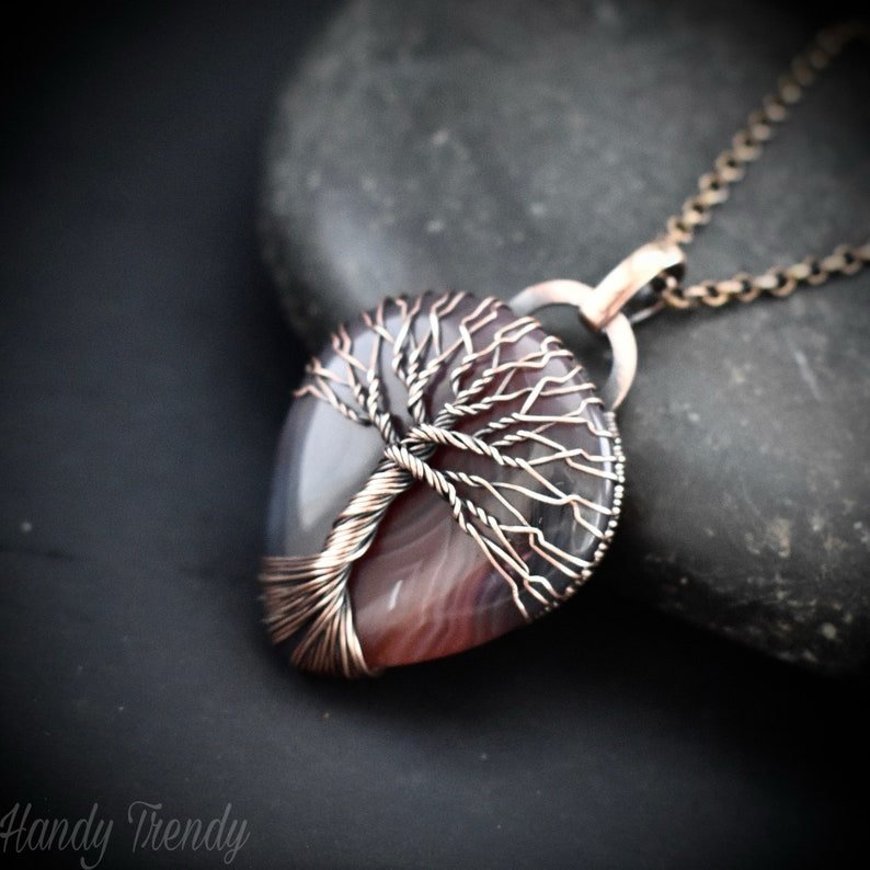 Orange botswana agate tree of life pendant, Copper wire wrap jewelry, Unique handmade gift, Artisan necklace, One of a kind piece