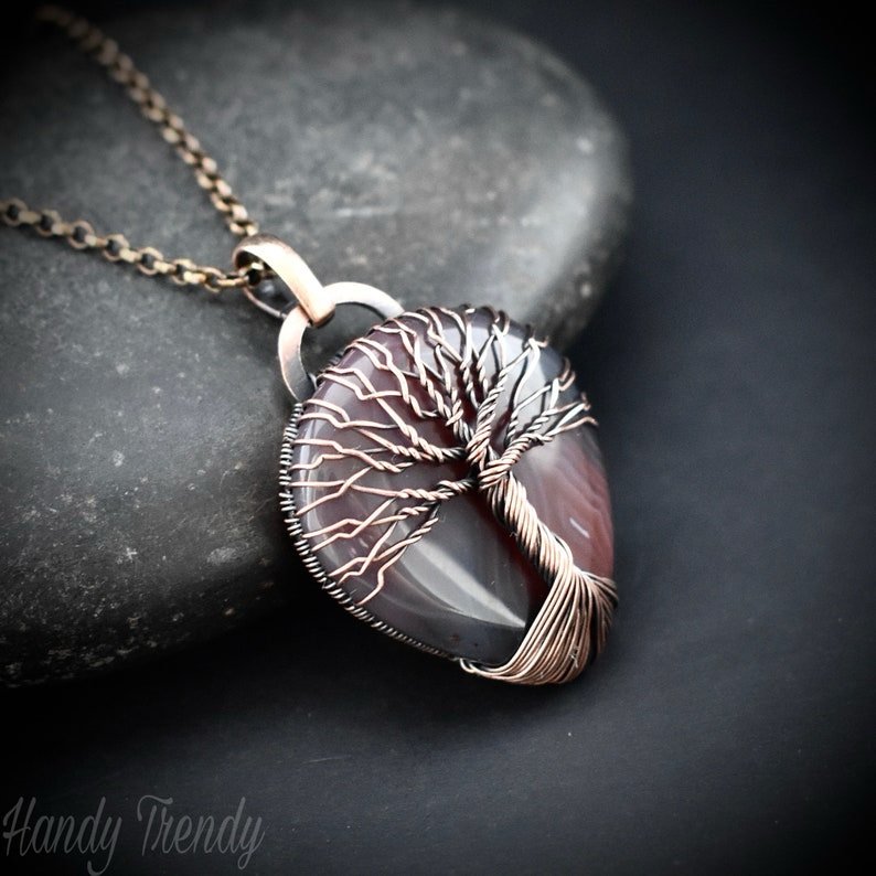 Orange botswana agate tree of life pendant, Copper wire wrap jewelry, Unique handmade gift, Artisan necklace, One of a kind piece