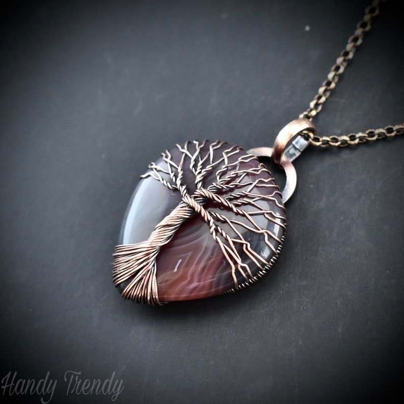 Orange botswana agate tree of life pendant, Copper wire wrap jewelry, Unique handmade gift, Artisan necklace, One of a kind piece