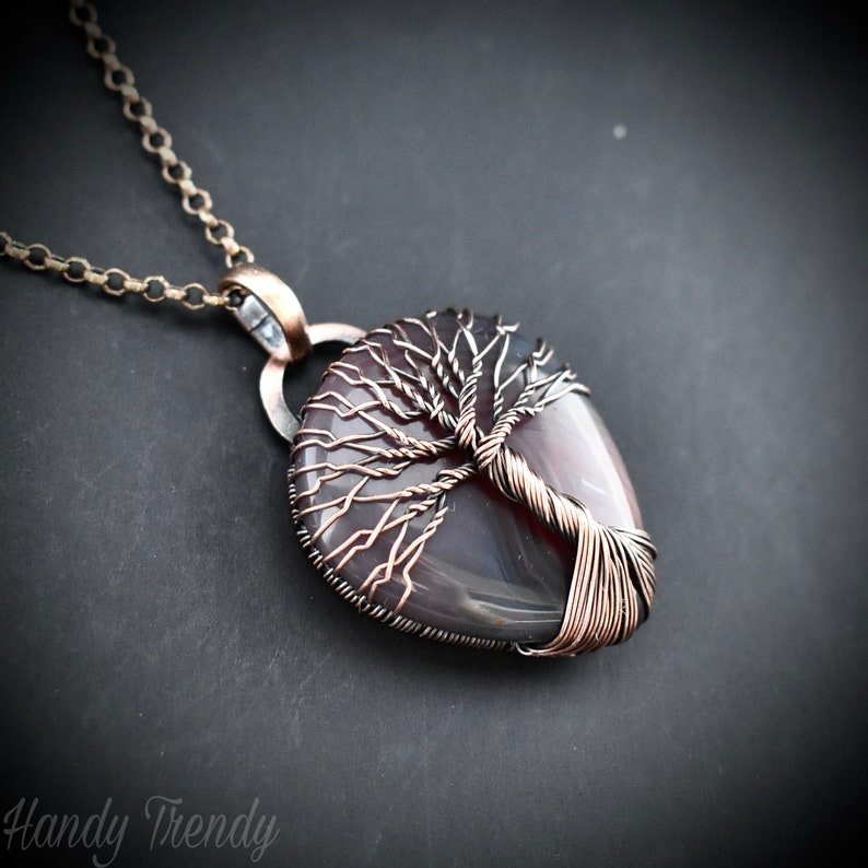Orange botswana agate tree of life pendant, Copper wire wrap jewelry, Unique handmade gift, Artisan necklace, One of a kind piece