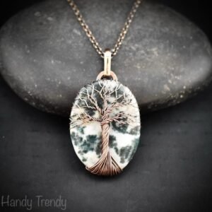 Moss agate tree of life pendant, Copper wire wrapped jewelry, Unique handmade gift, Artisan jewellery, One of a kind necklace
