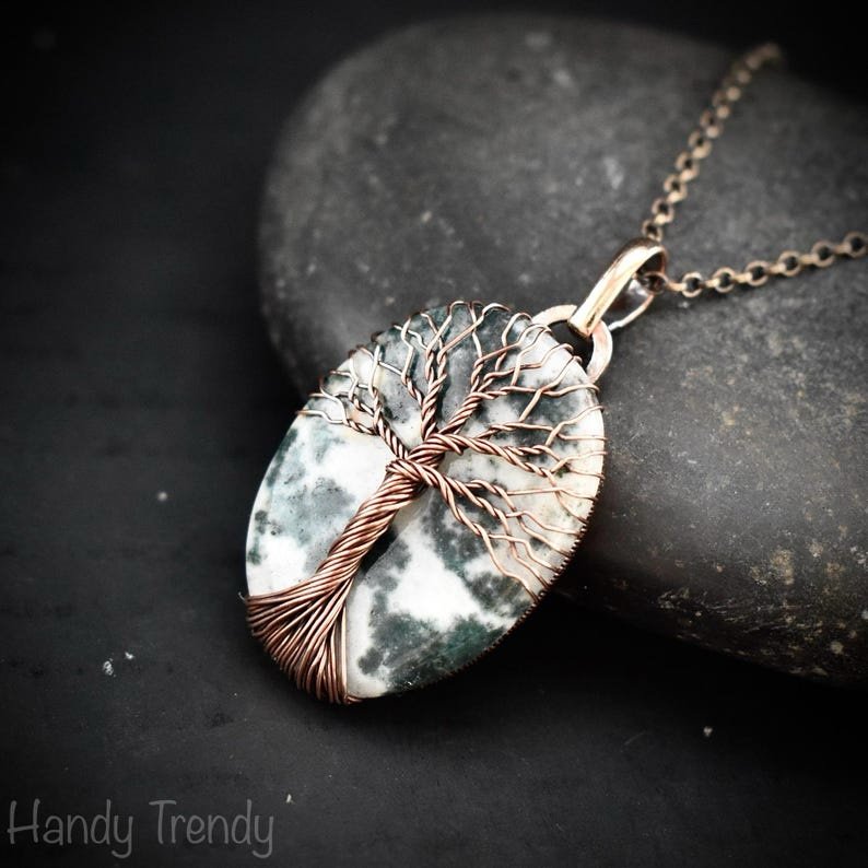 Moss agate tree of life pendant, Copper wire wrapped jewelry, Unique handmade gift, Artisan jewellery, One of a kind necklace