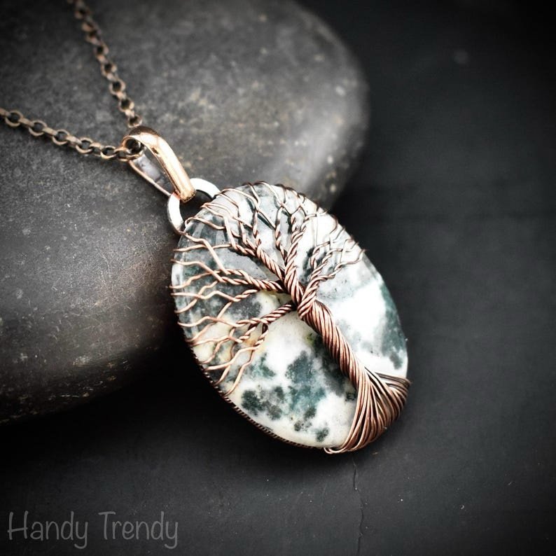Moss agate tree of life pendant, Copper wire wrapped jewelry, Unique handmade gift, Artisan jewellery, One of a kind necklace