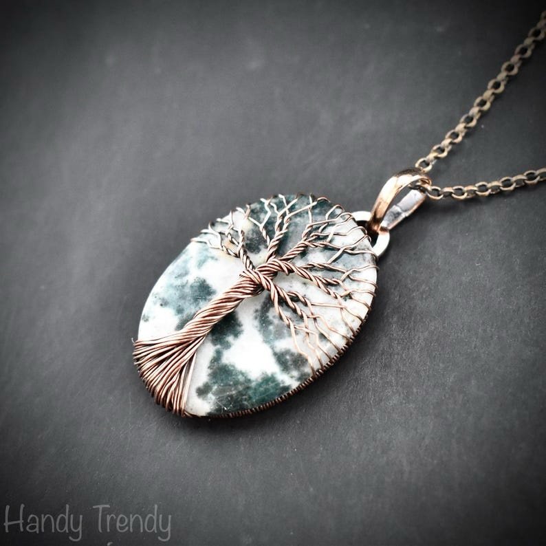 Moss agate tree of life pendant, Copper wire wrapped jewelry, Unique handmade gift, Artisan jewellery, One of a kind necklace