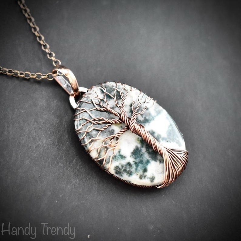Moss agate tree of life pendant, Copper wire wrapped jewelry, Unique handmade gift, Artisan jewellery, One of a kind necklace