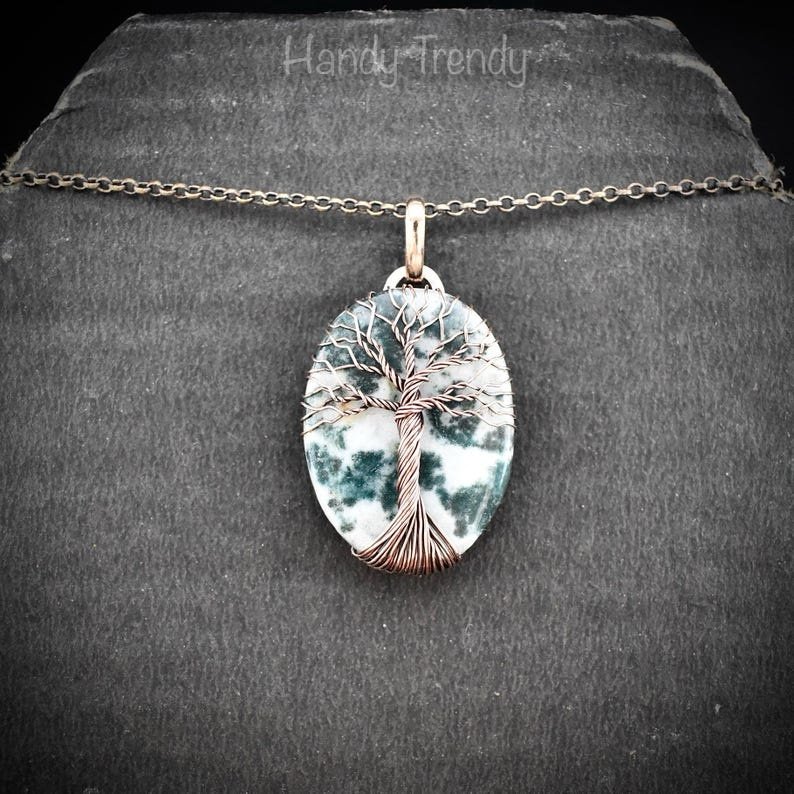 Moss agate tree of life pendant, Copper wire wrapped jewelry, Unique handmade gift, Artisan jewellery, One of a kind necklace