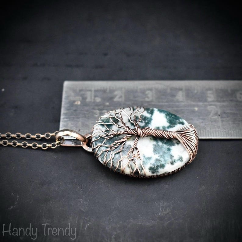 Moss agate tree of life pendant, Copper wire wrapped jewelry, Unique handmade gift, Artisan jewellery, One of a kind necklace