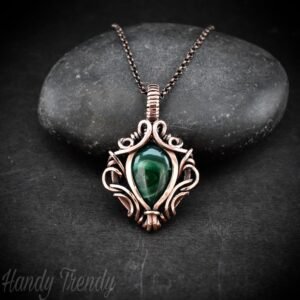 Malachite pendant, Free flow copper wire wrapped necklace, Unique handmade gift, One of a kind jewelry, Artisan boho jewelry