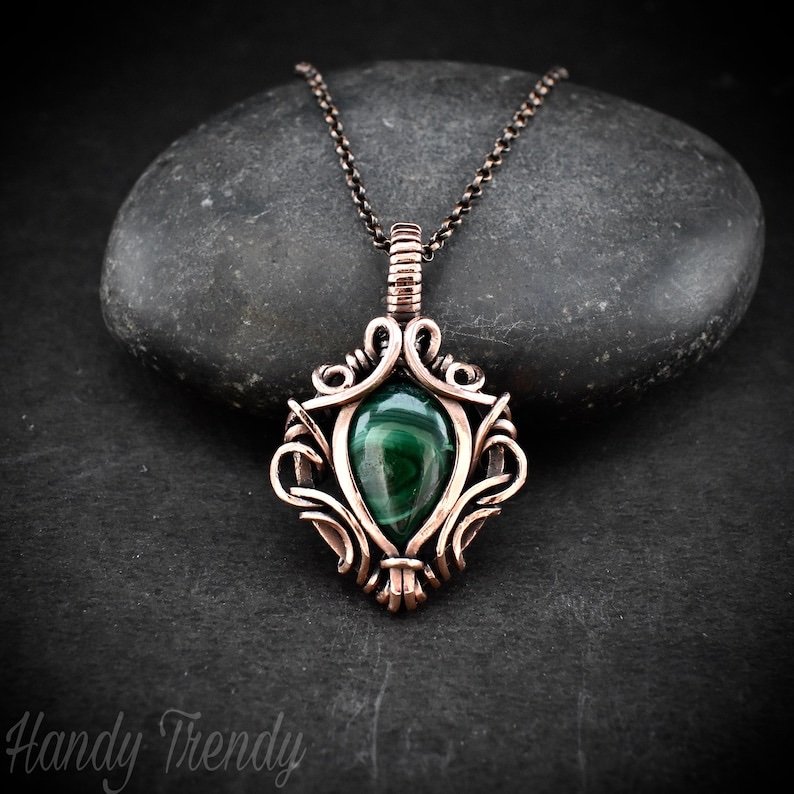 Malachite pendant, Free flow copper wire wrapped necklace, Unique handmade gift, One of a kind jewelry, Artisan boho jewelry