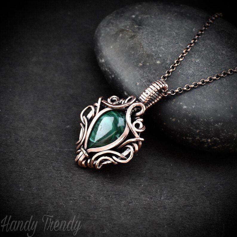 Malachite pendant, Free flow copper wire wrapped necklace, Unique handmade gift, One of a kind jewelry, Artisan boho jewelry