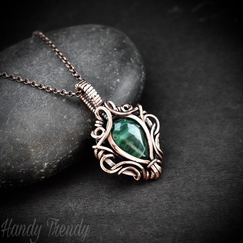 Malachite pendant, Free flow copper wire wrapped necklace, Unique handmade gift, One of a kind jewelry, Artisan boho jewelry