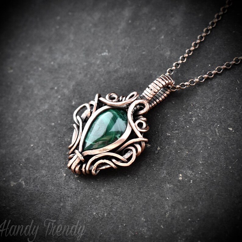 Malachite pendant, Free flow copper wire wrapped necklace, Unique handmade gift, One of a kind jewelry, Artisan boho jewelry