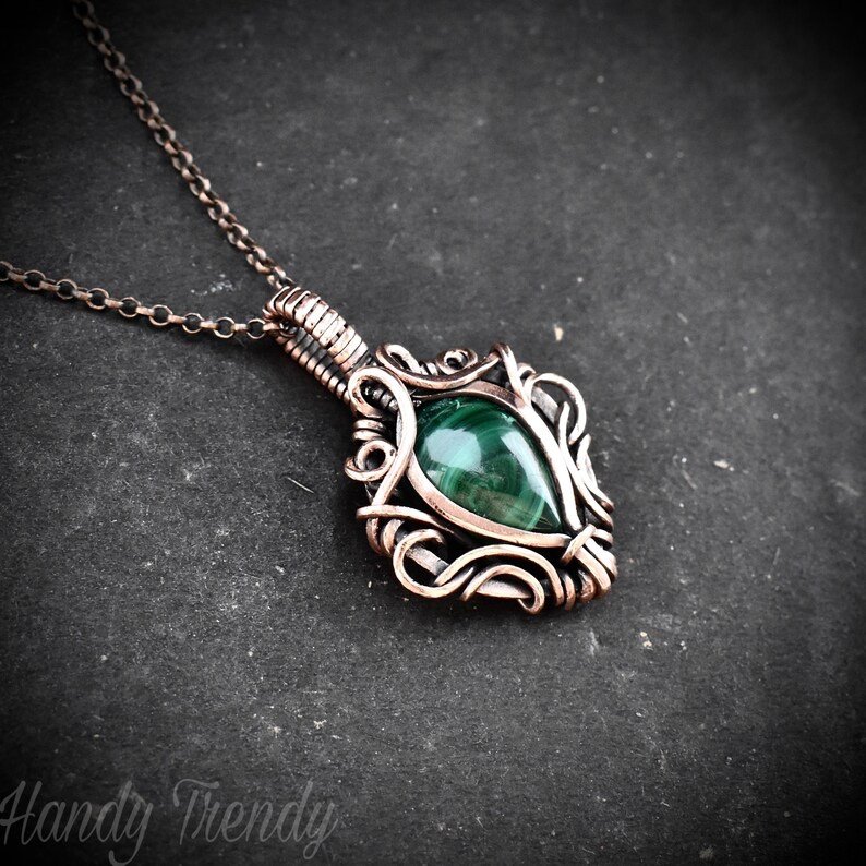 Malachite pendant, Free flow copper wire wrapped necklace, Unique handmade gift, One of a kind jewelry, Artisan boho jewelry