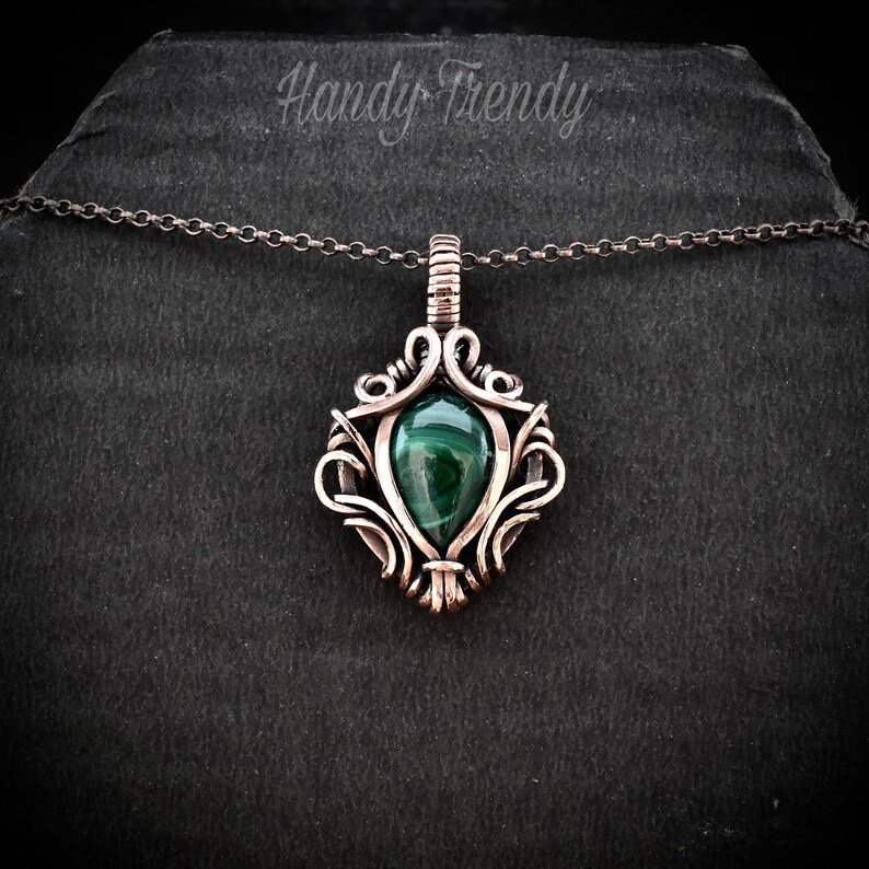 Malachite pendant, Free flow copper wire wrapped necklace, Unique handmade gift, One of a kind jewelry, Artisan boho jewelry