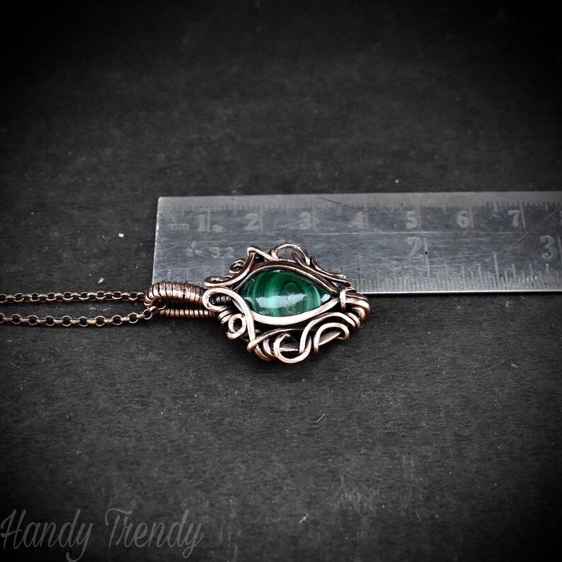 Malachite pendant, Free flow copper wire wrapped necklace, Unique handmade gift, One of a kind jewelry, Artisan boho jewelry