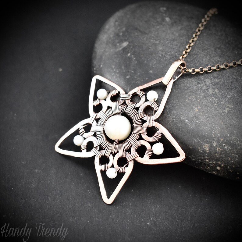 Pearl star pendant, Copper wire wrapped jewelry, Unique handmade necklace, One of a kind artisan jewellery, Statement necklace