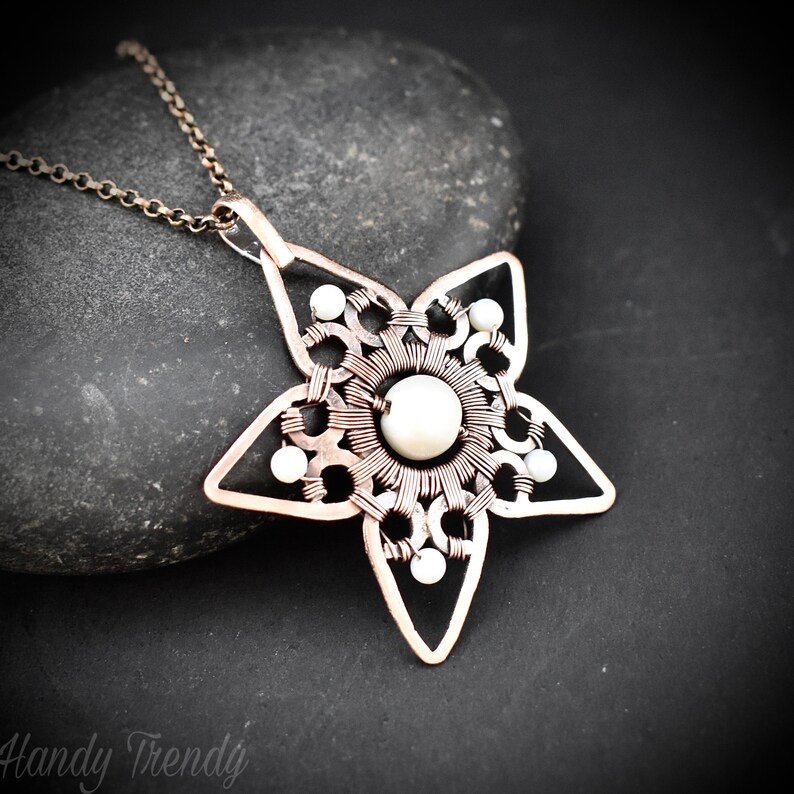 Pearl star pendant, Copper wire wrapped jewelry, Unique handmade necklace, One of a kind artisan jewellery, Statement necklace
