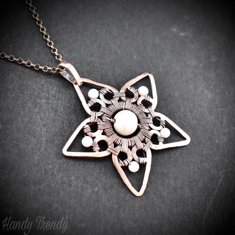 Pearl star pendant, Copper wire wrapped jewelry, Unique handmade necklace, One of a kind artisan jewellery, Statement necklace